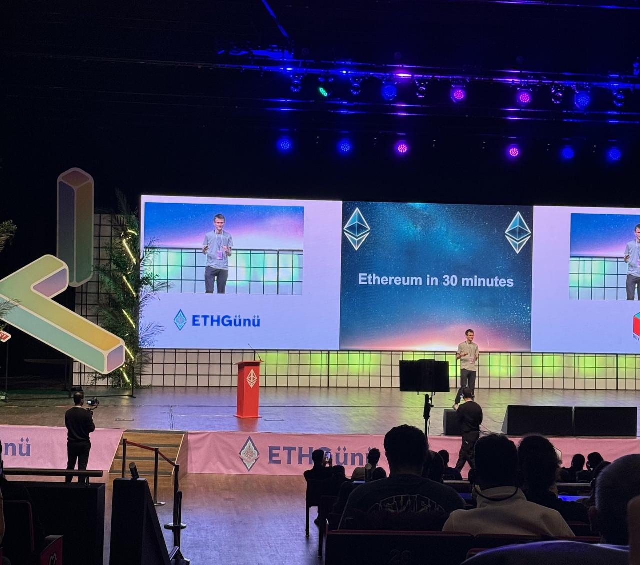 Founder of the Ethereum network Vitalik Buterin speaks at Devconnect Istanbul 2023 in Istanbul, Türkiye, November 13, 2023. (Photo via X/@mintholog)