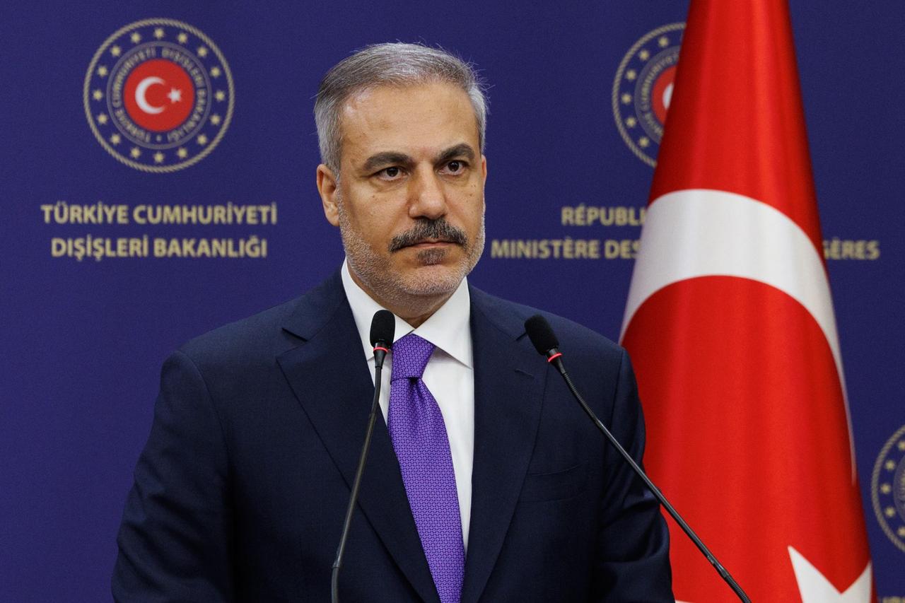 Foreign Minister Hakan Fidan and Syrian Foreign Minister Asaad Hassan Al-Shaibani (not seen) hold a joint press conference after their meeting in Ankara, Türkiye on August 13, 2025. (AA Photo)