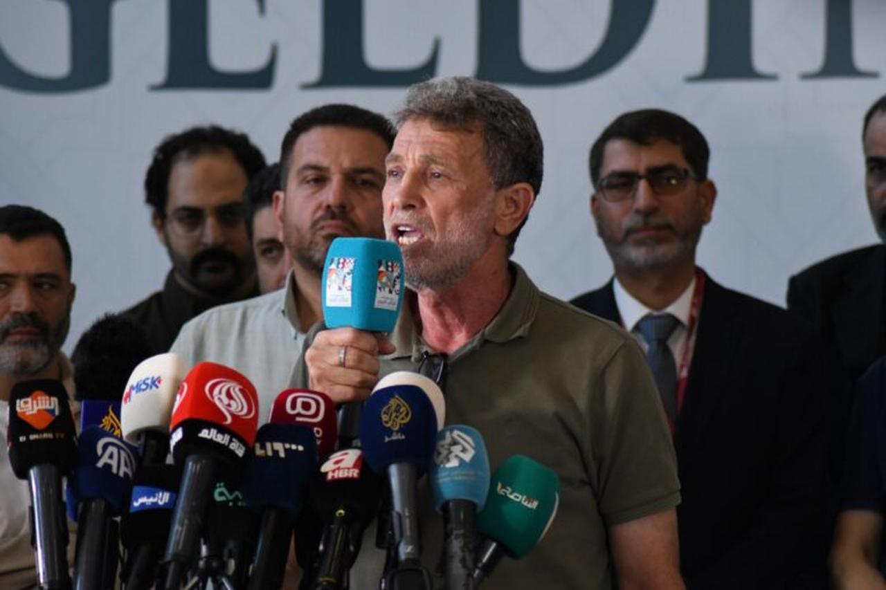 Palestinian activist and former prisoner Nael Barghouthi was a prominent visitor to the book fair on Tuesday and participated  a protest denouncing the genocide perpetrated by the Israeli occupation in Gaza , August 9, 2025.  (Photo by the Arabic book fair official site )