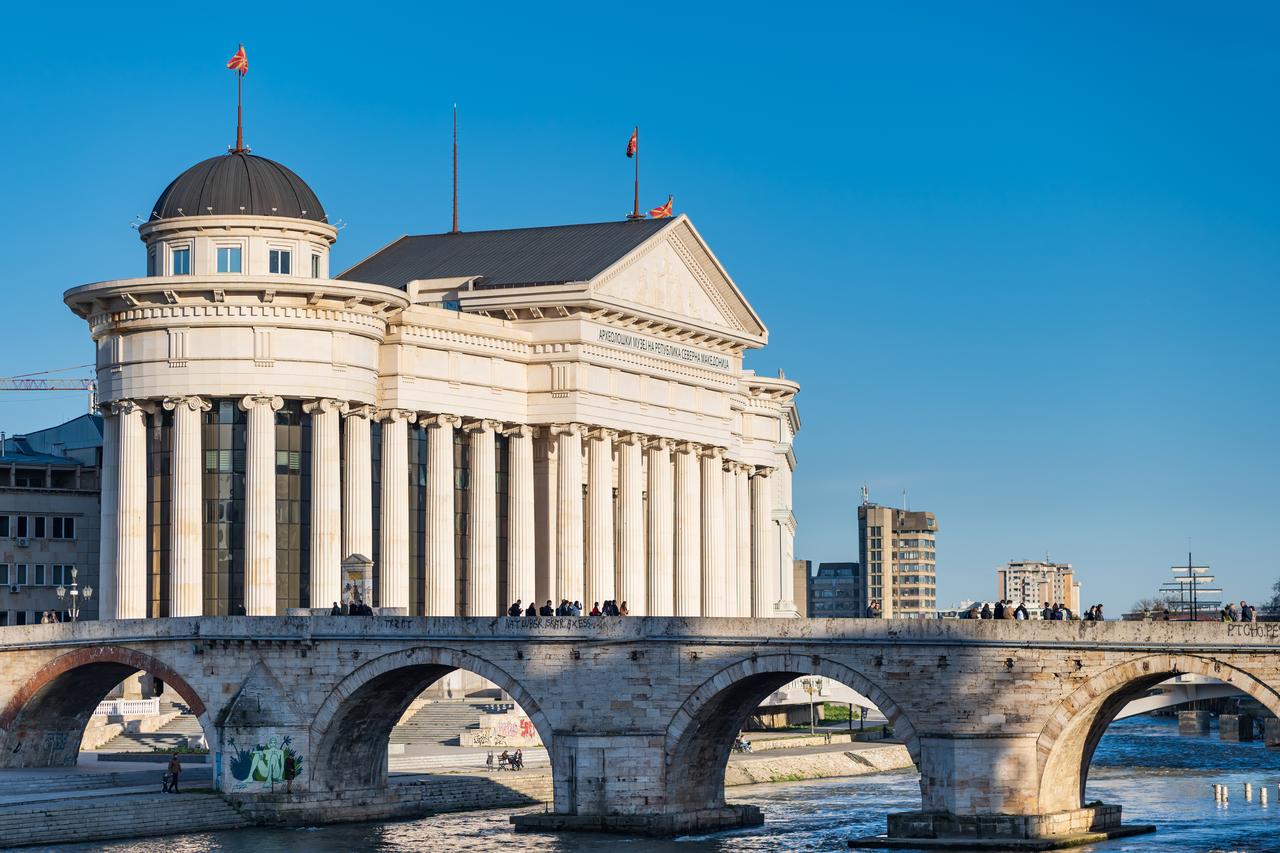 A panoramic view of the iconic Stone Bridge in the heart of Skopje, North Macedonia. (Adobe Stock Photo)