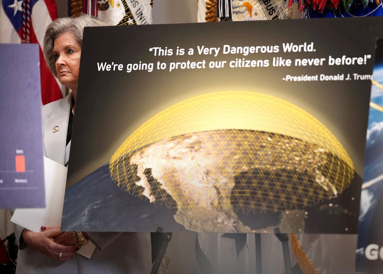 White House Chief of Staff Susie Wiles looks on from behind a chart on the Golden Dome missile defense system as U.S. President Donald Trump speaks on May 12, 2025, in Washington, DC. (AFP Photo)