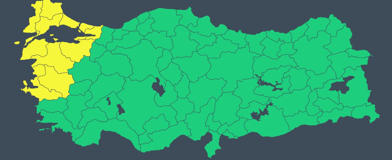 Map of cities in Türkiye under yellow alert (Meteorology General Directorate)