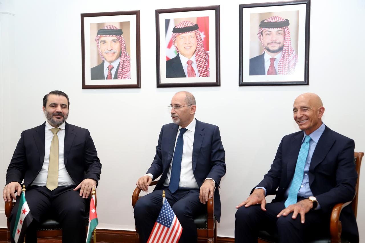 Jordanian Foreign Minister Ayman Safadi (C), Syrian Foreign Minister Esad Hasan Sheybani (L), and U.S. Ambassador to Ankara and Special Envoy for Syria Tom Barrack (R) hold a trilateral meeting in Amman, Jordan, on August 12, 2025. (AA Photo)
