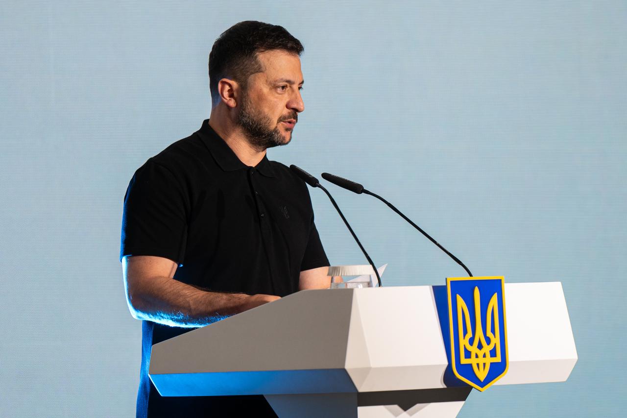 Ukrainian President Volodymyr Zelenskyy speaks at “Youth is here” forum on occasion of the Youth Day in Kyiv, Ukraine, on August 12, 2025. (AA Photo)