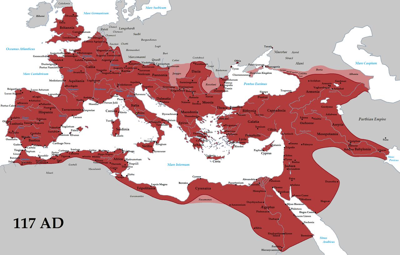 The Roman Empire (red) and its clients (pink) in 117 A.D. during the reign of emperor Trajan. (Map via Wikimedia)