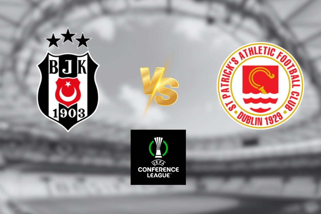 Besiktas and St. Patrick’s Athletic logos alongside the UEFA Conference League logo with Tupras Stadium in the background, created on Aug. 14, 2025. (Türkiye Today)