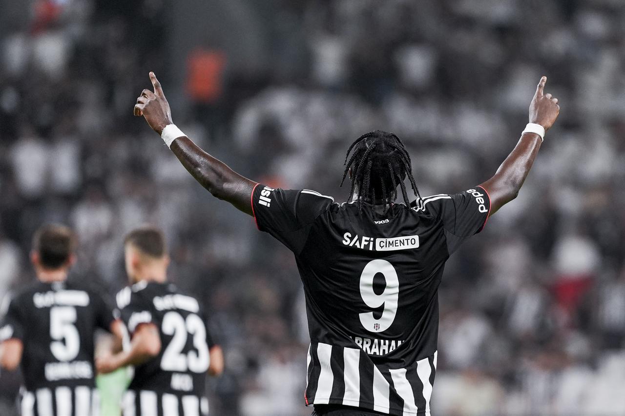 Besiktas player Tammy Abraham celebrates after scoring a goal during the UEFA Conference League third qualifying round second-leg match against St. Patrick’s at Tupras Stadium in Istanbul, Türkiye, on Aug. 14, 2025. (AA Photo)