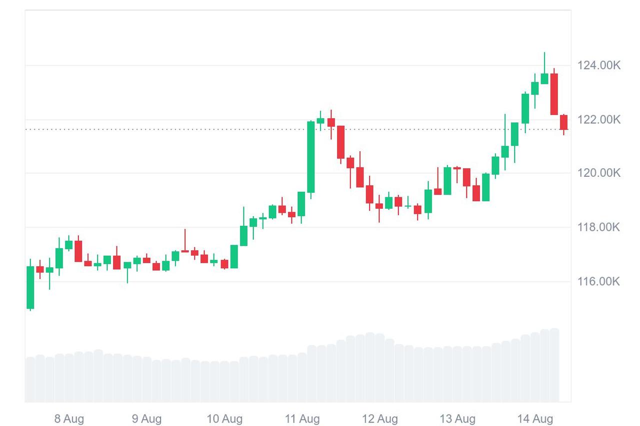 Candlestick chart illustrates the cryptocurrency climbing above $124,000 before retreating slightly, August 14, 2025. (Chart via CoinMarketCap)