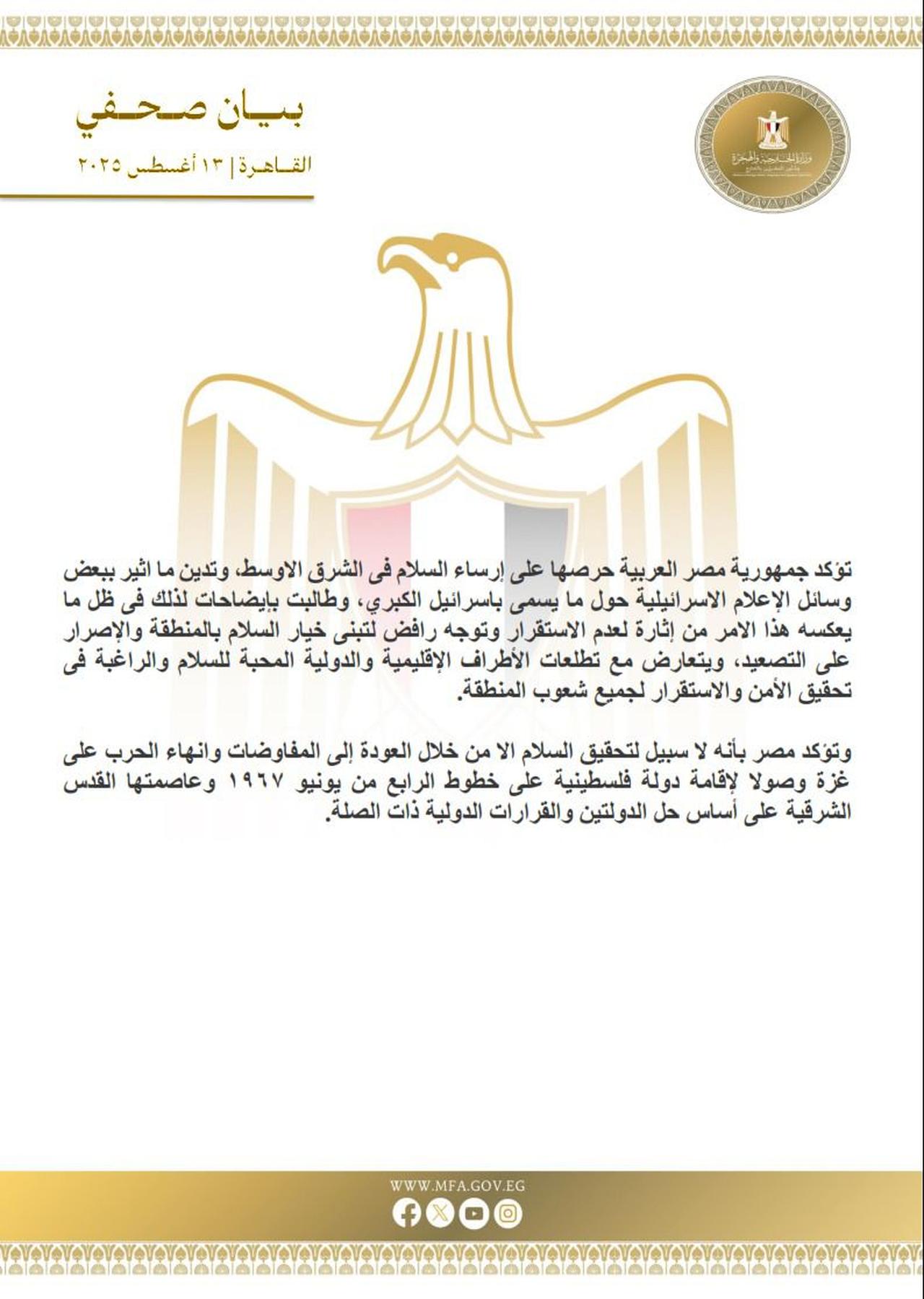 The Statement by Egypt’s Foreign Ministry, August 13, 2025 (Photo: Egypt’s Foreign Ministry )