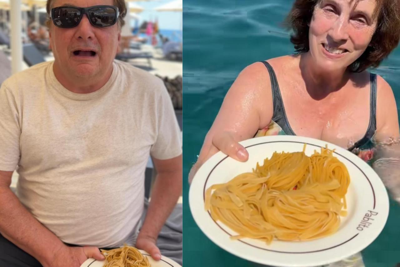 Famous Turkish gourmet Vedat Milor (L) and his wife (R) staged a playful sea-front pasta illusion-no actual cooking took place—but the video swirls online confusion