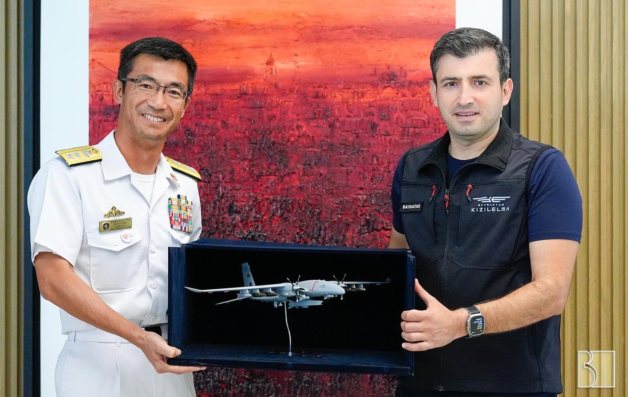 Rear Admiral Takahiro NISHIYAMA, Commander of the Japan Training Fleet (L) and Baykar's Chairman & CTO Selcuk Bayraktar in Ozdemir Bayraktar National Technology Center on Aug 11, 2024. (Photo via Baykar)