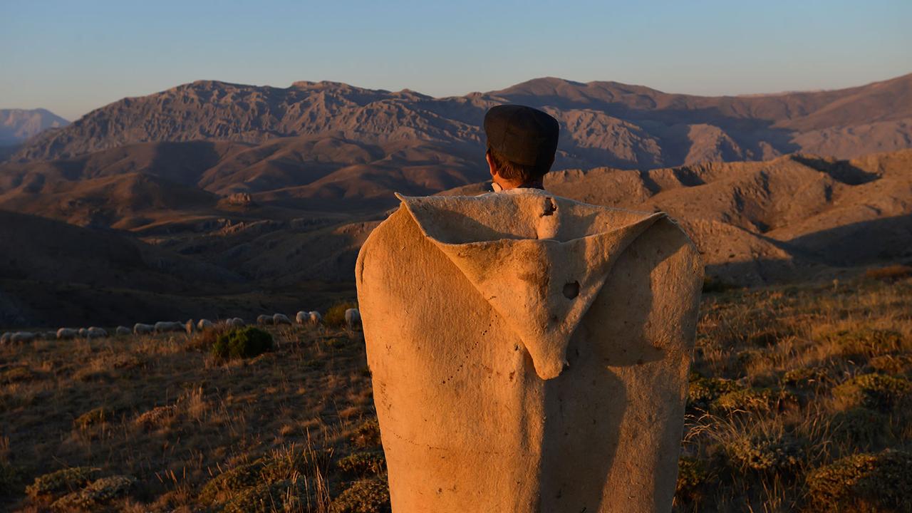 A shepherd wearing a traditional kepenek overlooks the mountain landscape at sunset, watching over his flock, Türkiye, accessed August 14, 2025. (Adobe Stock Photo)
