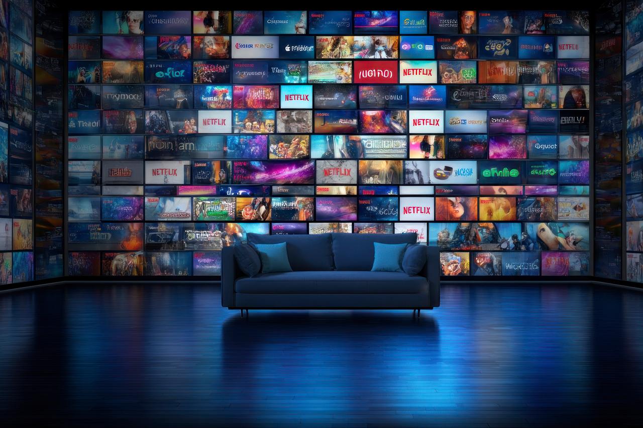 A couch facing a massive wall of streaming service screens, symbolizing the rise of online entertainment platforms over traditional media. (Adobe Stock Photo)
