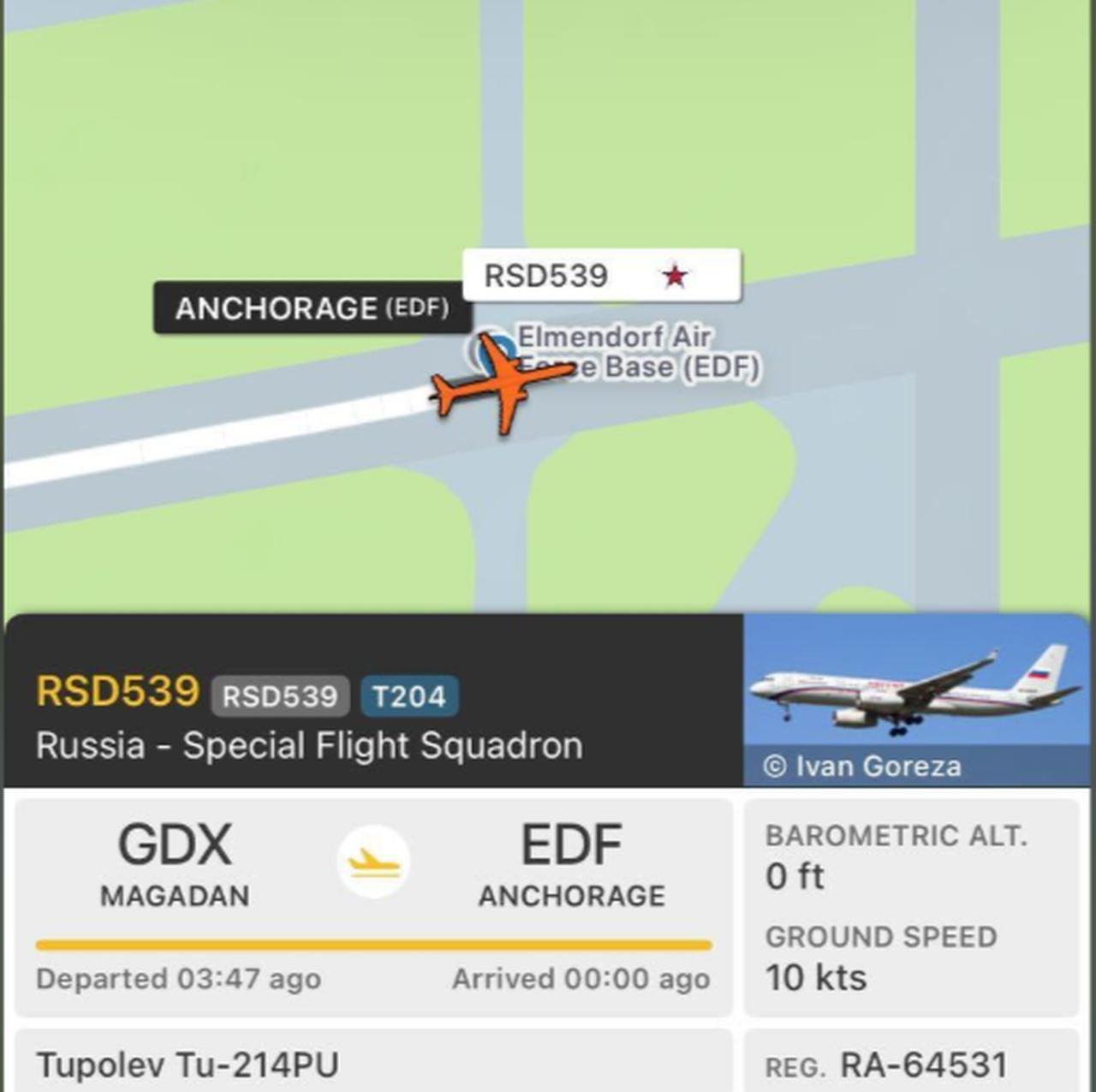 Russian President Vladimir Putin's plane arrives in Anchorage, Alaska, accessed on Aug. 15, 2025. (Screengrab via Flightradar24)