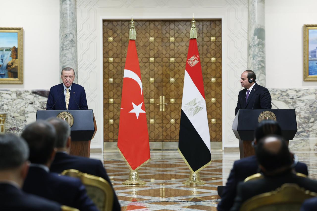 Egyptian President Sisi, and Turkish President Erdogan in a joint press conference in Egypt, Feb 14, 2024. (Photo via Trpresidency)