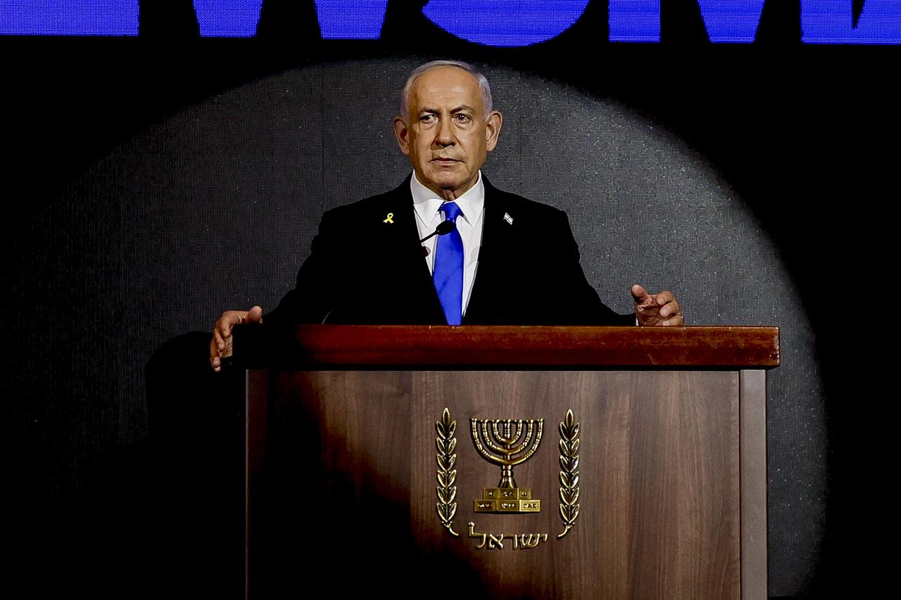 Israeli Prime Minister Benjamin Netanyahu delivers a statement during the US Independence Day reception in Jerusalem on August 13, 2025. (AFP Photo)