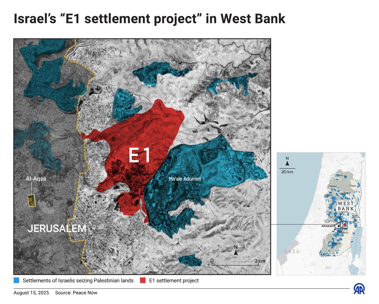 An infographic titled "Israel’s “E1 settlement project” in West Bank" created in Ankara, Türkiye on August 15, 2025. (AA Infographic)