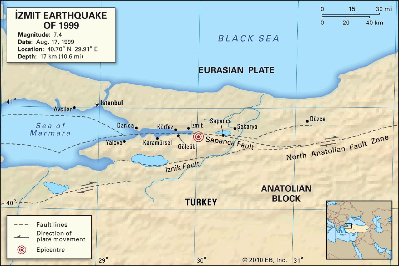 Map of northwestern Turkey depicting the fault lines running between the Anatolian Block and the Eurasian Plate and the location of the epicentre of the İzmit earthquake of August 17, 1999. (Image cia Encyclopedia Britannica)