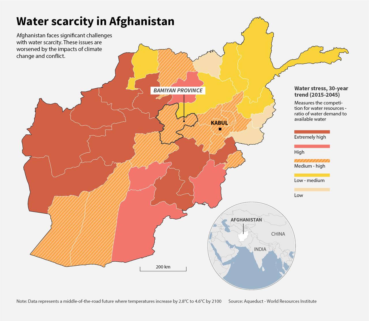 A infographic showing where Afghanistan faces significant challenges with water scarcity.