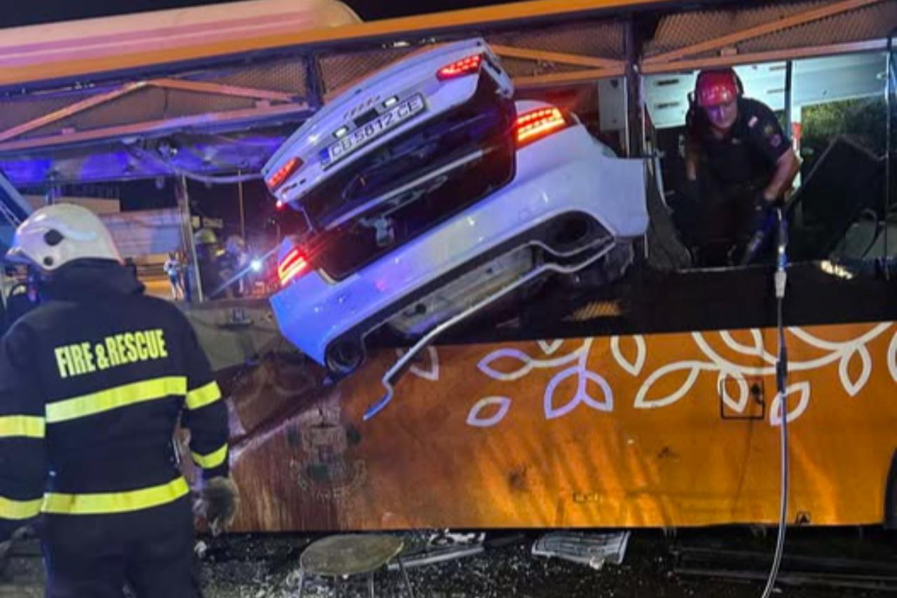 A severe collision involving a car and a public transport bus in Sofia, Bulgaria, August 15, 2025. (Photo via Facebook/European Center for Transport Policies)