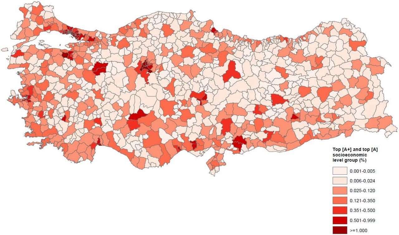 Proportion of households in the highest and upper SES groups by district within Türkiye, 2023. (Mapping by TurkStat)