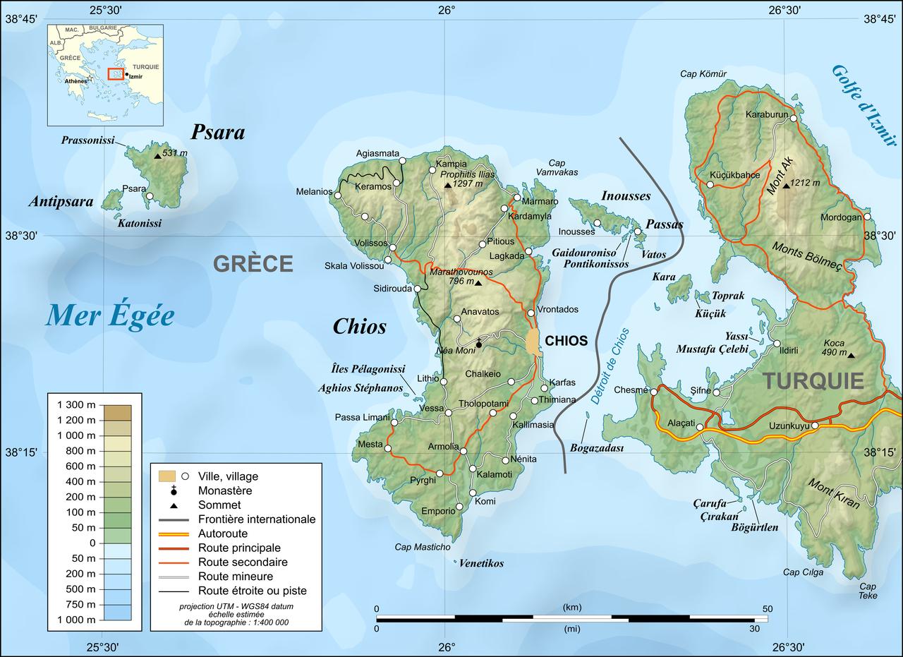 Topographic map in English of Chios and Psara islands, Aegean Sea, Greece and Türkiye. (Image via Wikimedia)