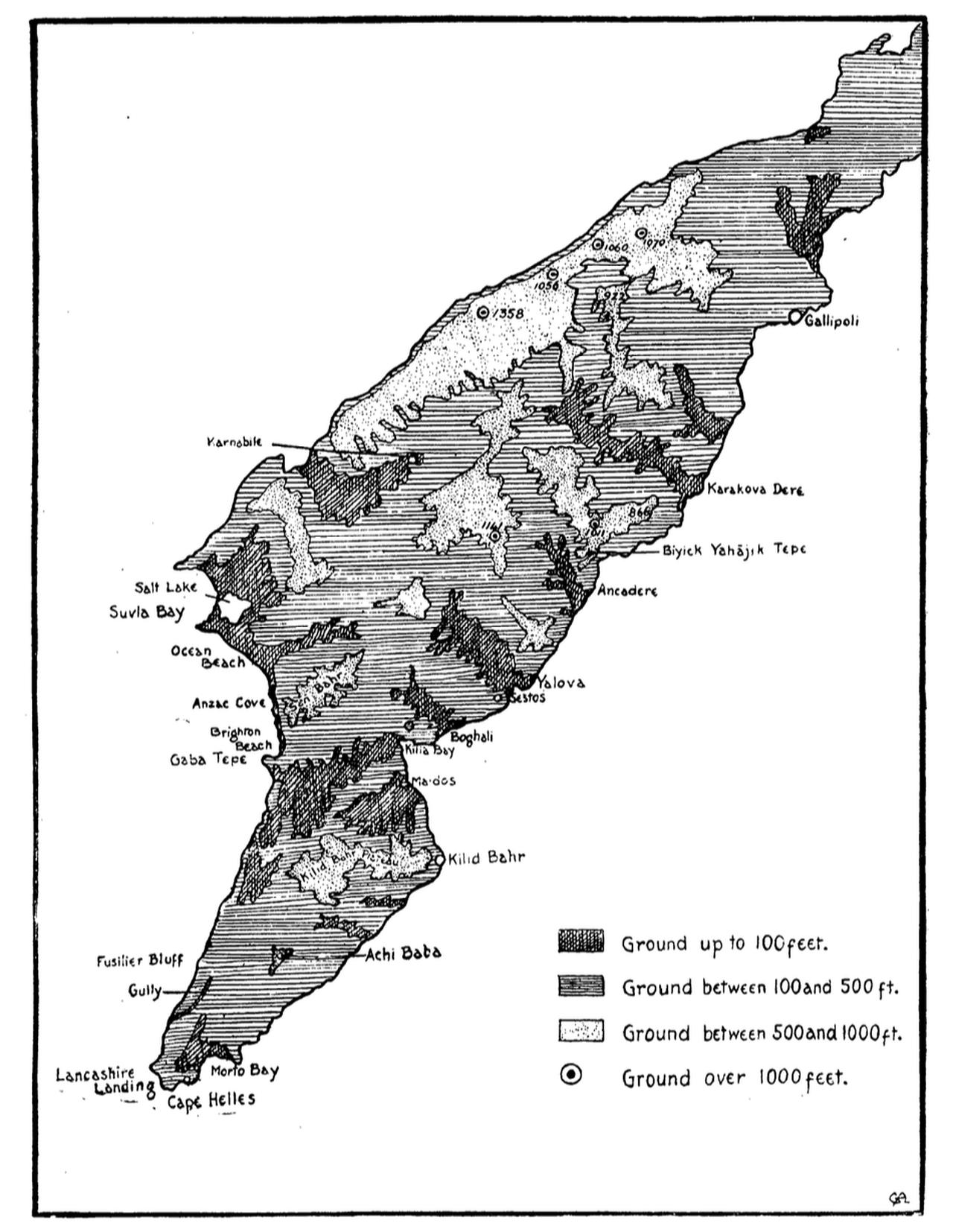 Elevation map of Gallipoli from Turrill’s article. Turrill specifically notes that there are no trees above 500 ft (around 150 m). (Photo via T24)
