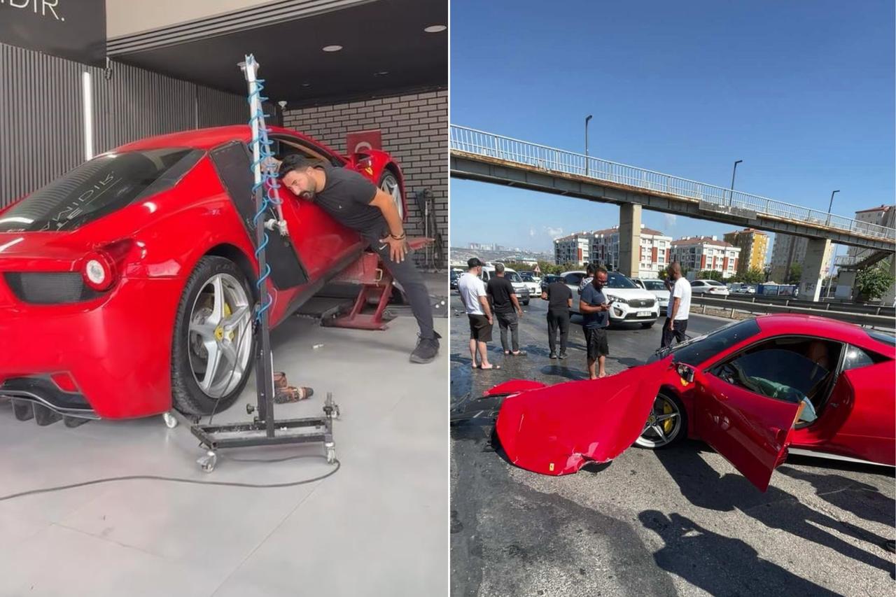 A collage showing the Ferrari during its final checks inside the service garage before the accident and after the crash, Istanbul, Türkiye, August 18, 2025. (IHA Photo)