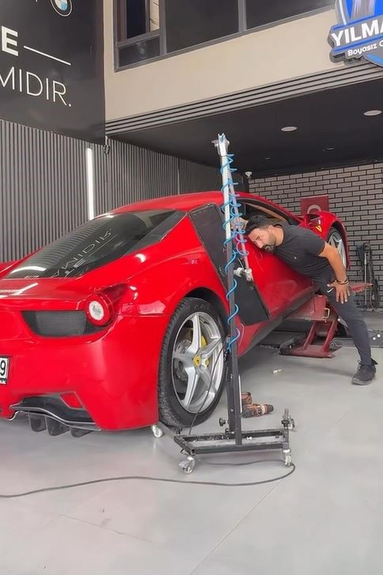 The Ferrari undergoing final checks inside the service center before the crash, Istanbul, Türkiye, August 18, 2025. (IHA Photo)