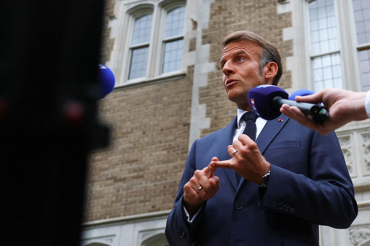 French President Emmanuel Macron speaks to the media at the French Embassy in Washington, DC on August 18, 2025. (AFP Photo)
