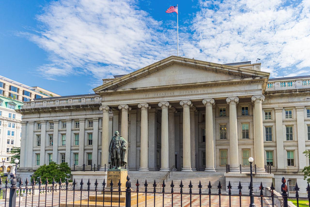 Exterior view of the Treasury Department building next to the White House in Washington, DC. (Adobe Stock Photo)