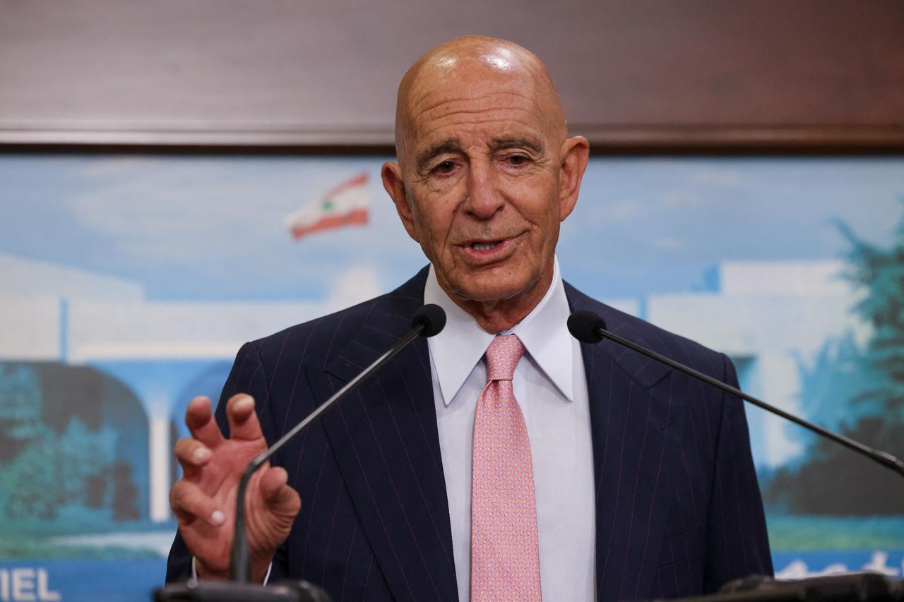 US ambassador to Türkiye and special envoy for Syria Tom Barrack speaks during a joint press conference at the Presidential Palace in Baabda on August 18, 2025. (AFP Photo)