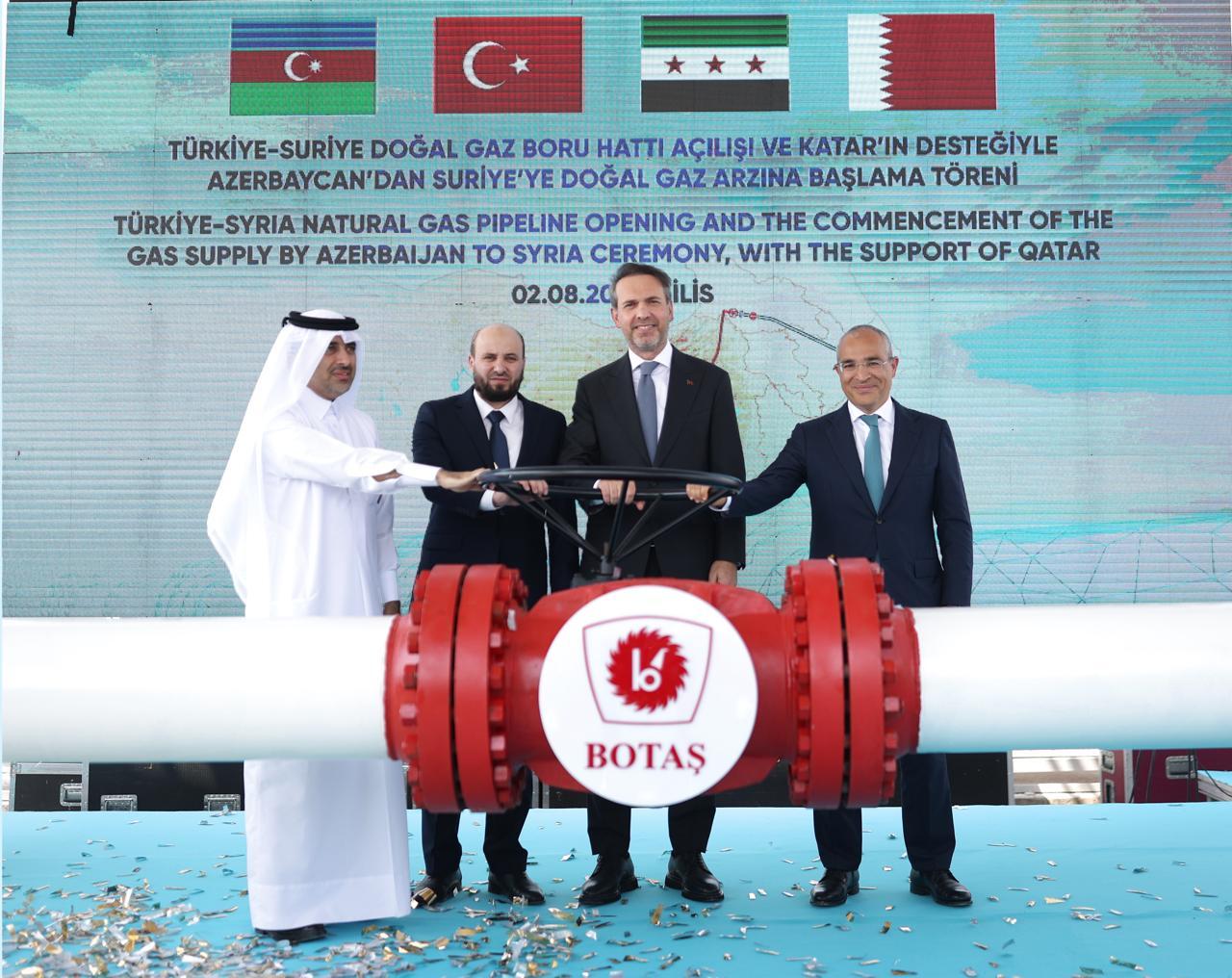 Türkiye's Energy and Natural Resources Minister Alparslan Bayraktar (2nd R) attends the opening ceremony of the Türkiye-Syria Natural Gas Pipeline in Kilis, Türkiye, on August 02, 2025. (Photo via Tur. Min of Energy and Natural Res.)
