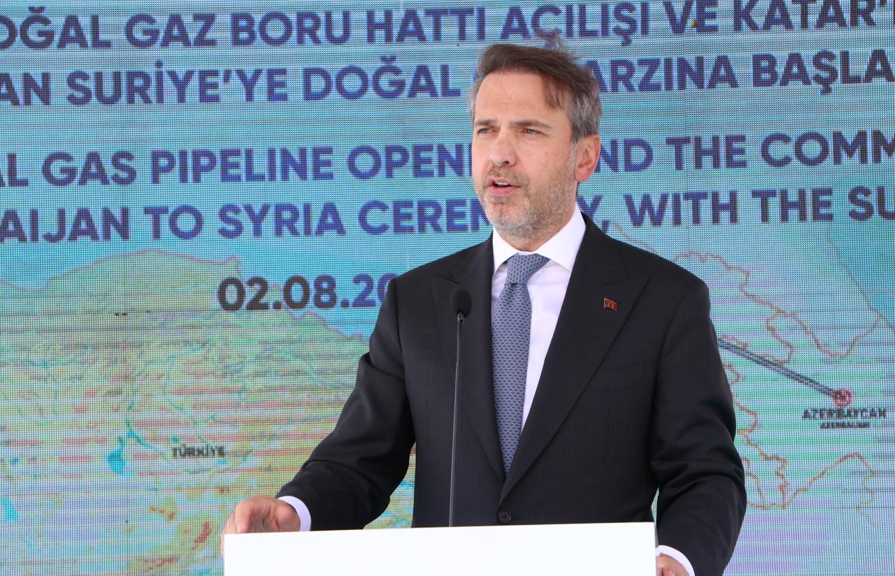 Energy and Natural Resources Minister Alparslan Bayraktar makes a speech at the opening ceremony of Türkiye-Syria Natural Gas Pipeline in Kilis, Türkiye, on August 02, 2025. (AA Photo)