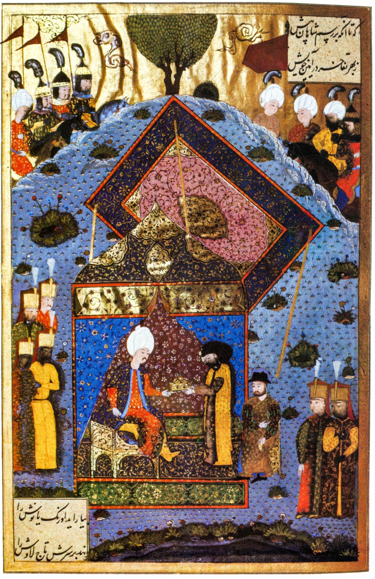 Ottoman sultan Suleiman I gives the Holy Crown of Hungary to King of Hungary Janos Szapolyai after breiefly holding it after the Battle of Mohacs, 1526. (Image via Topkapi Palace Museum)