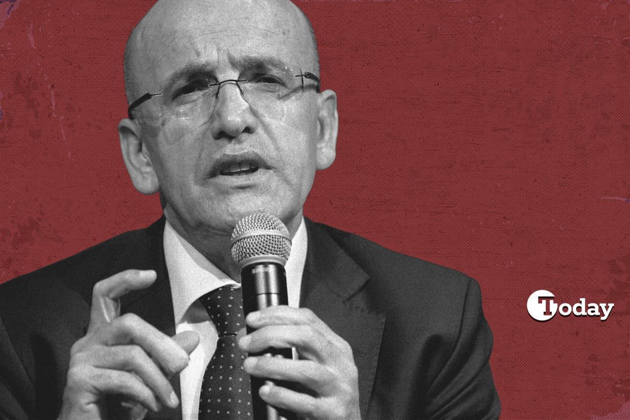 Photo illustration shows Türkiye’s Treasury and Finance Minister Mehmet Simsek speaking at an event. (Illustration by Türkiye Today)