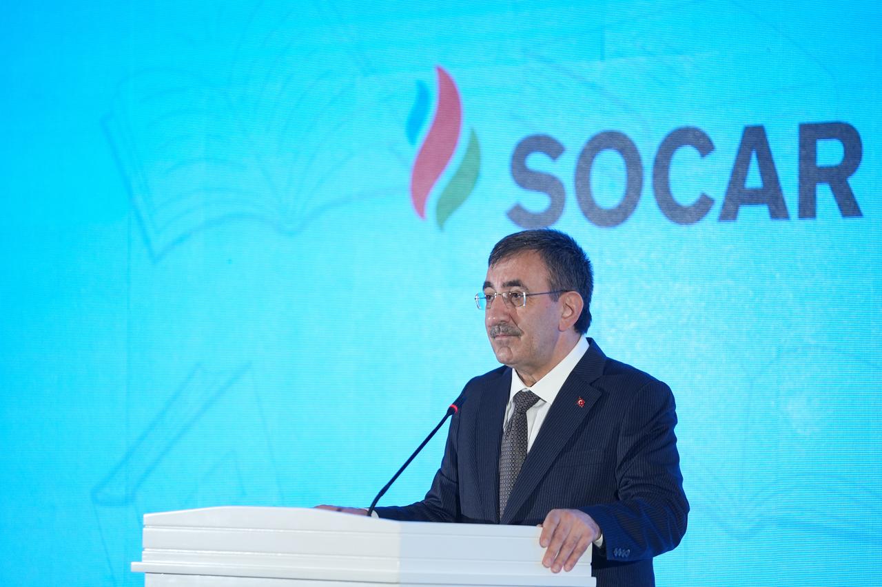 Türkiye’s Vice President Cevdet Yilmaz delivers a speech at an event organized by Azerbaijan’s state-owned energy company Socar, in Türkiye, August 20, 2025. (AA Photo)
