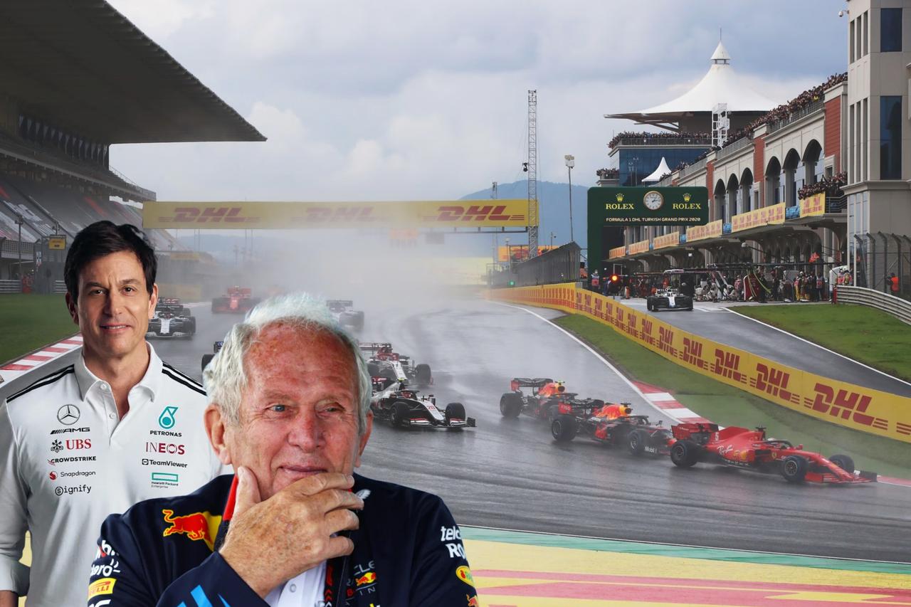 Mercedes team principal Toto Wolff (L) and Red Bull advisor Helmut Marko (R), with the Turkish Grand Prix held in Istanbul, Türkiye, in November 2020 in the background. (Photo collage by Türkiye Today team)
