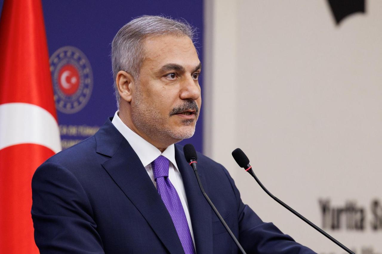Foreign Minister Hakan Fidan and Syrian FM Asaad Hassan Al-Shaibani (not seen) hold a joint press conference in Ankara, Türkiye on August 13, 2025. (AA Photo)