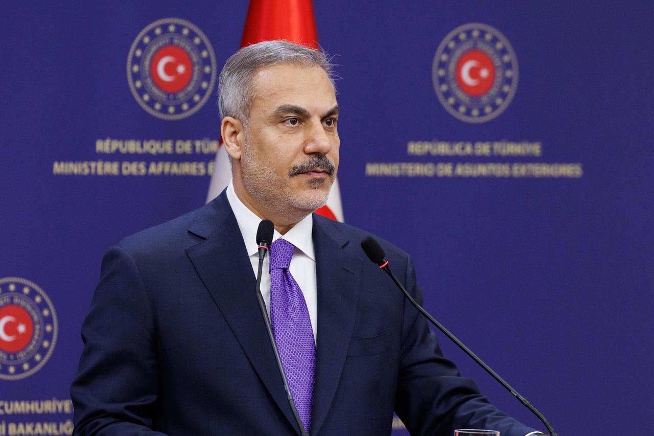 Foreign Minister Hakan Fidan and Botswana’s Minister of International Affairs Phenyo Butale (not seen) hold a joint press conference in Ankara, Türkiye on August 13, 2025. (AA Photo)