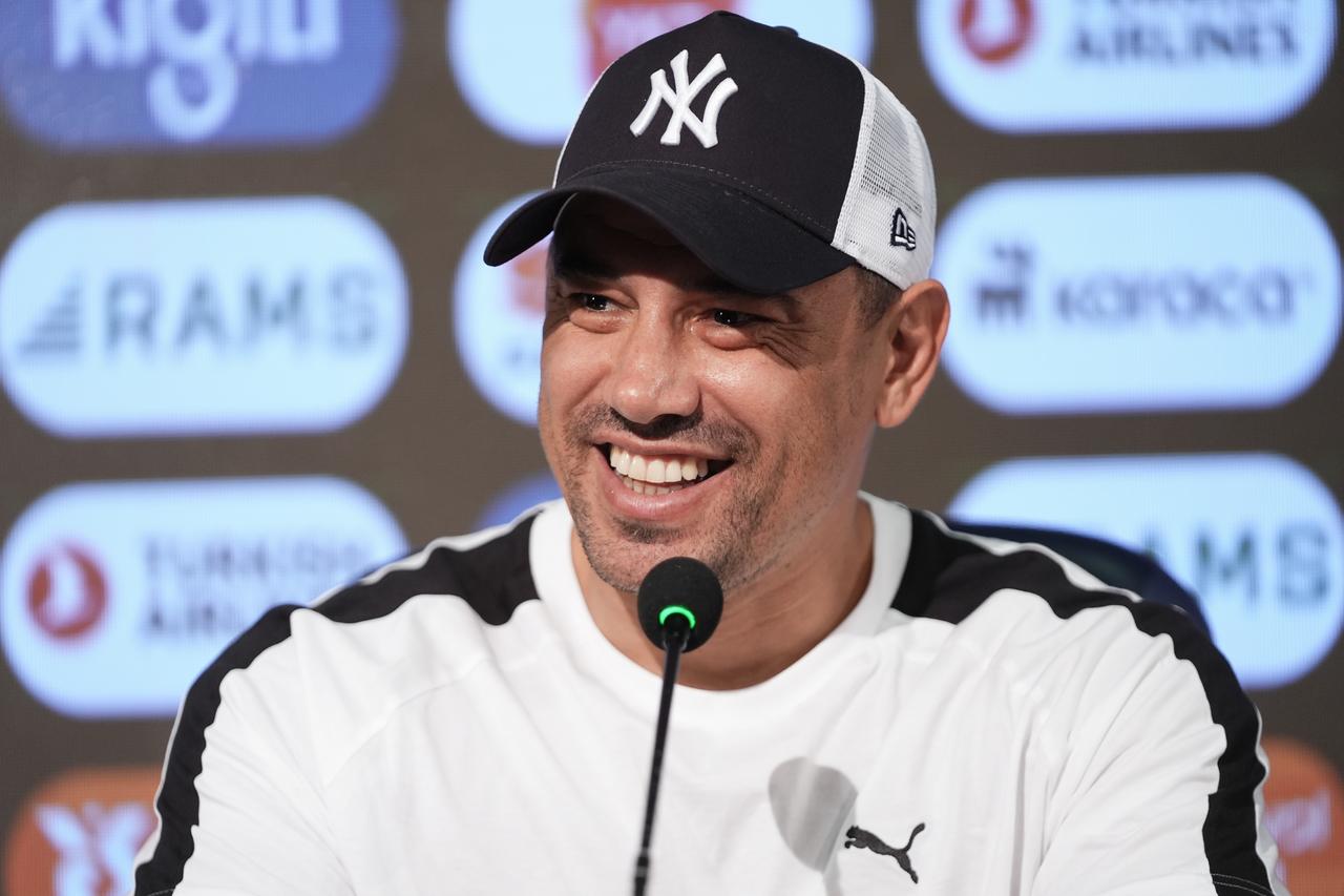 Cagdas Atan, head coach of Istanbul Basaksehir, attends the press conference and makes statements ahead of the first leg of the UEFA Conference League play-off round against Romanian side Universitatea Craiova, Istanbul, Türkiye, Aug. 20, 2025. (AA Photo)