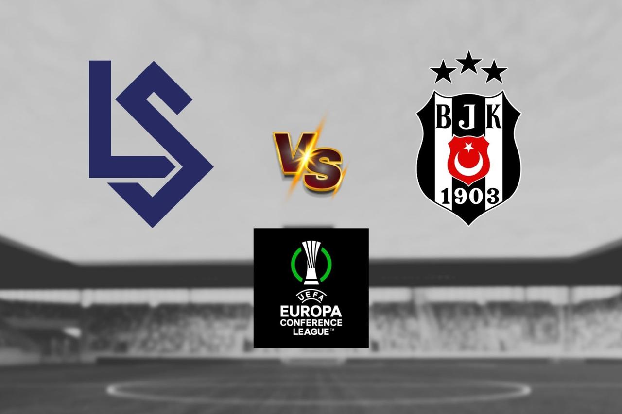 Lausanne Sports and Besiktas logos with UEFA Conference League logo below, La Tuiliere Stadium in Lausanne in background, created Aug. 21, 2025. (Türkiye Today, created with Canva)