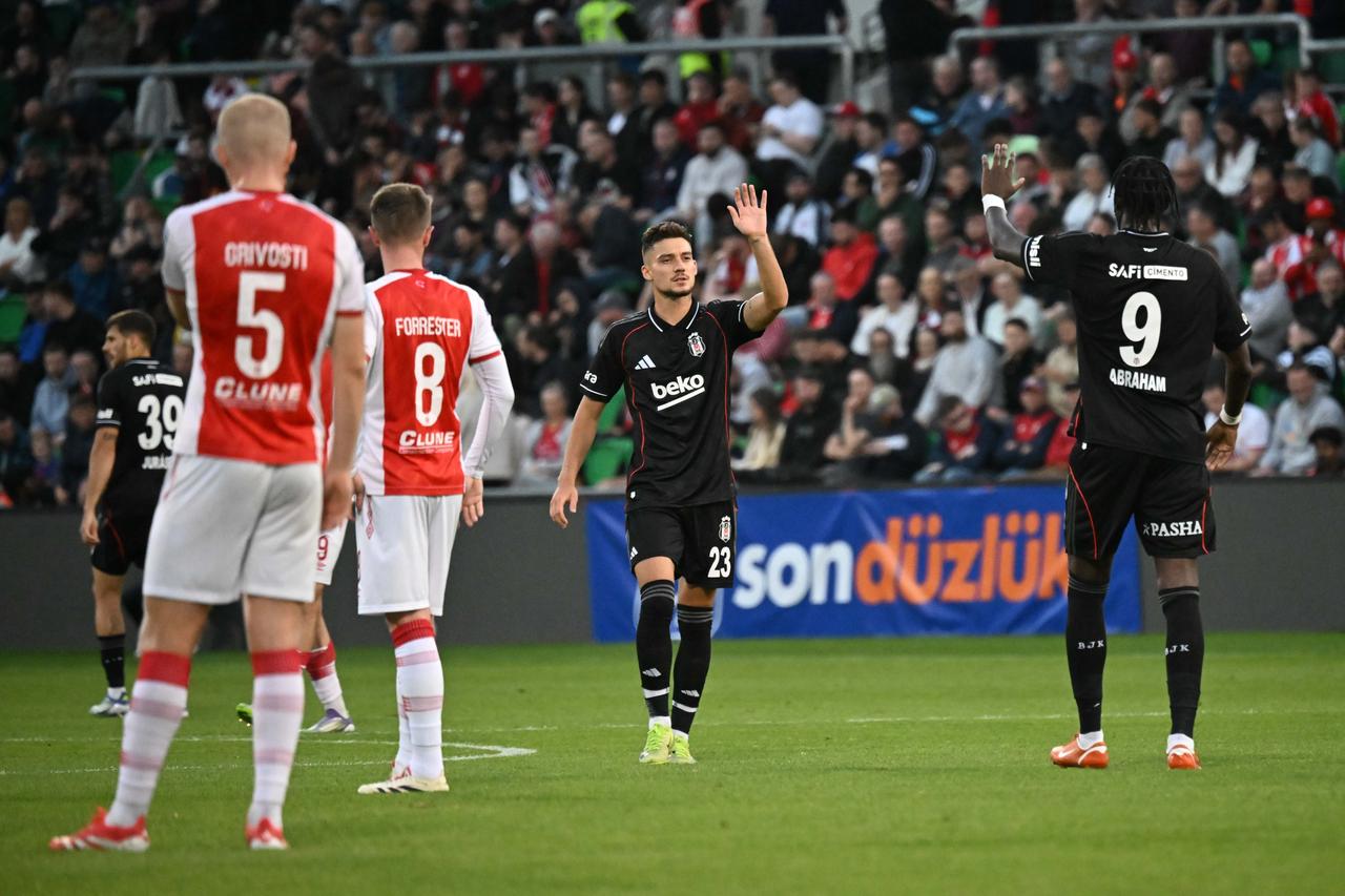 Tammy Abraham of Besiktas celebrates after a goal during the first leg of the UEFA Europa Conference League third qualifying round match against St. Patrick’s at Tallaght Stadium in Dublin, Ireland, August 7, 2025. (AA Photo)