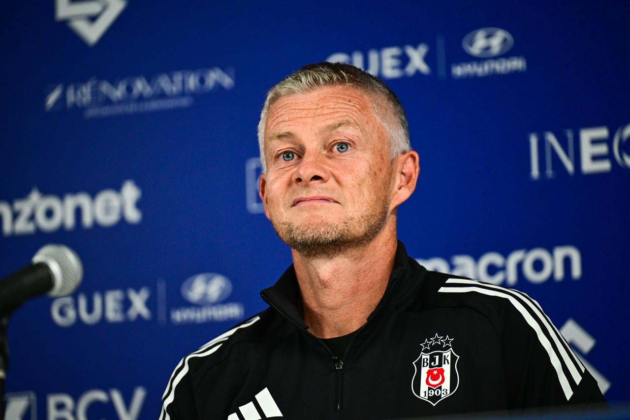 Besiktas head coach Ole Gunnar Solskjaer and player Wilfred Ndidi (not seen) attend the press conference ahead of UEFA Conference League play-off first leg match against FC Lausanne in Lausanne, Switzerland, August 20, 2025. (AA Photo)