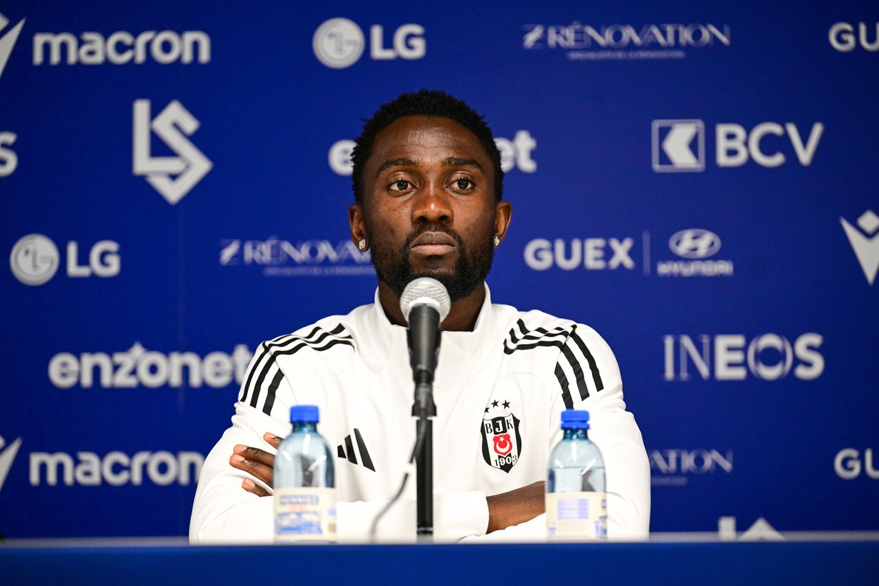 Besiktas head coach Ole Gunnar Solskjaer and player Wilfred Ndidi (not seen) attend the press conference ahead of UEFA Conference League play-off first leg match against FC Lausanne in Lausanne, Switzerland, August 20, 2025. (AA Photo)