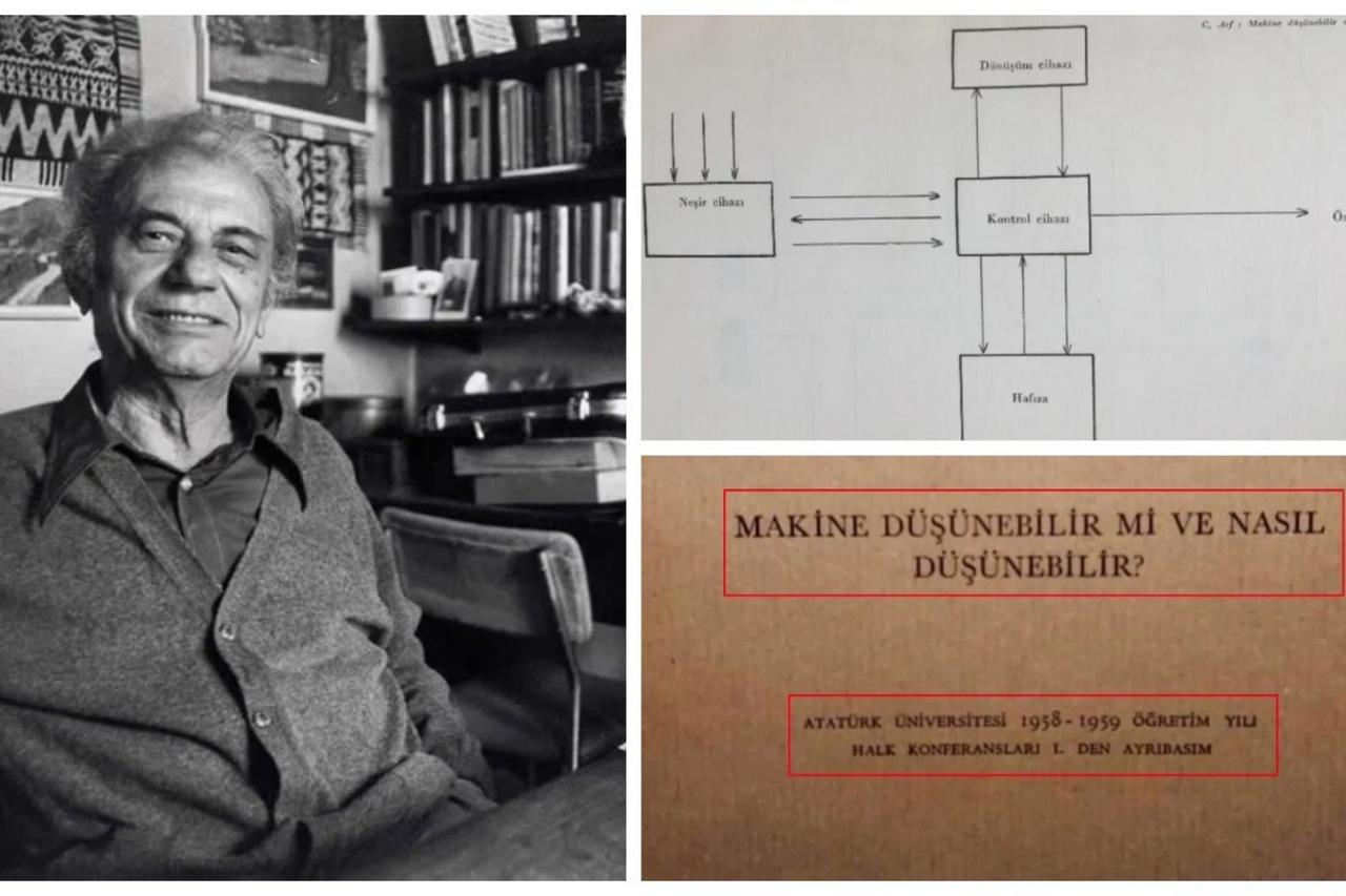 Collage showing Turkish mathematician Professor Cahit Arf (L) and the 1959 Ataturk University publication of his public lecture in Erzurum titled “Can a machine think and how?” (R). (Photo collage by Duvar)
