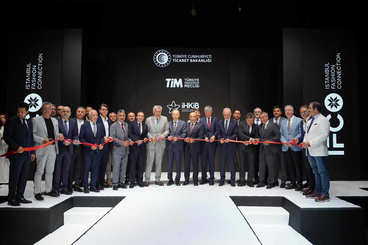 Officials cut the ribbon at the opening ceremony of the 8th Istanbul Fashion Connection (IFCO) fair, held at the Istanbul Expo Center, Aug. 20, 2025. (AA Photo)
