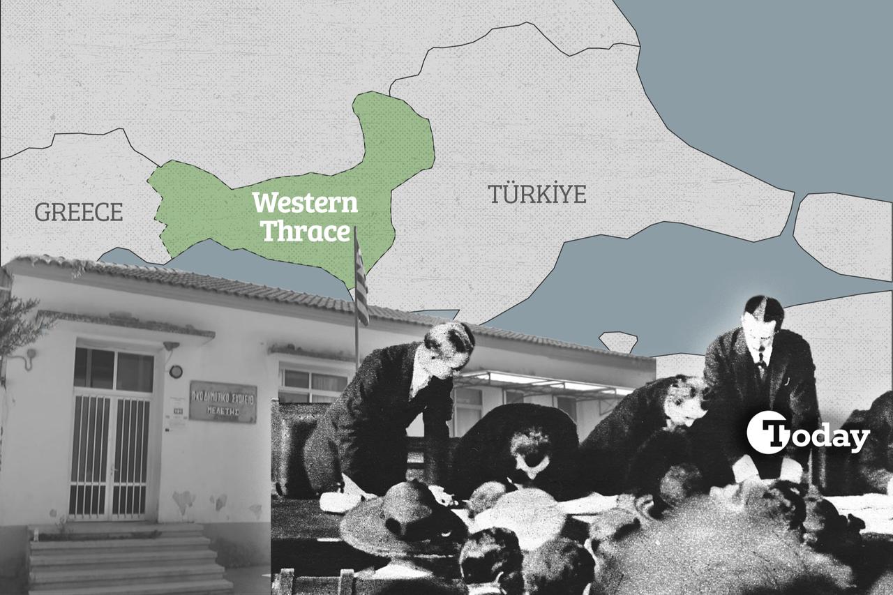 Leaders sign the Treaty of Lausanne, with a map of Western Thrace, Greece, showing Turkish minority school in the background, created on Aug. 18. 2025. (Türkiye Today)