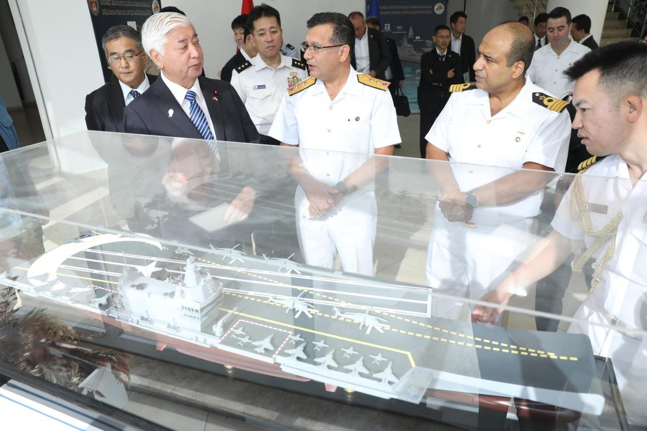 Japanese Defense Minister Gen Nakatani visits the Istanbul Naval Shipyard Command and examines Turkish aircraft carrier MUGEM mock-up on August 20, 2025. (AA Photo)