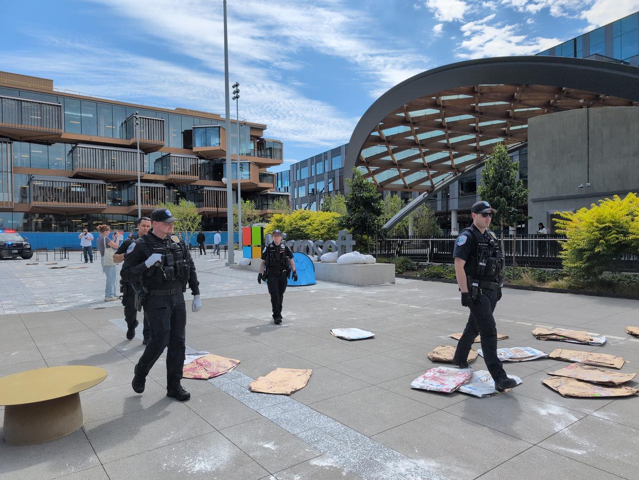 Protesters from No Azure for Apartheid  set up tents and displays at East Campus Plaza in Redmond, Washington on 20 August, 2025. (Photo via No Azure for Apartheid)
